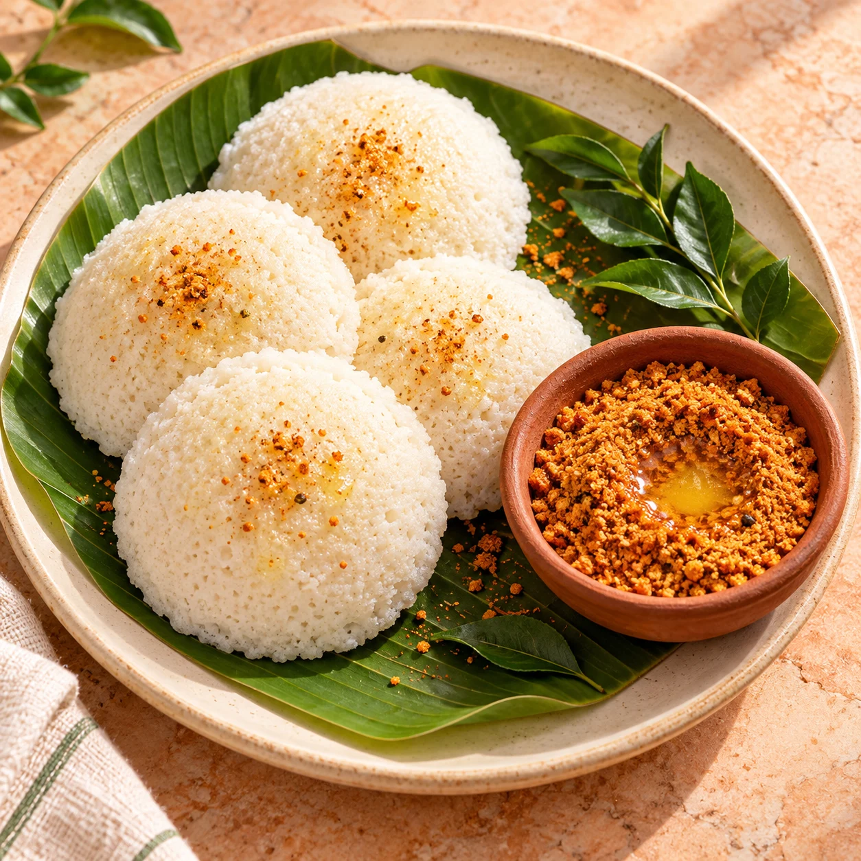 Illustrative serving suggestion: idli with podi and ghee