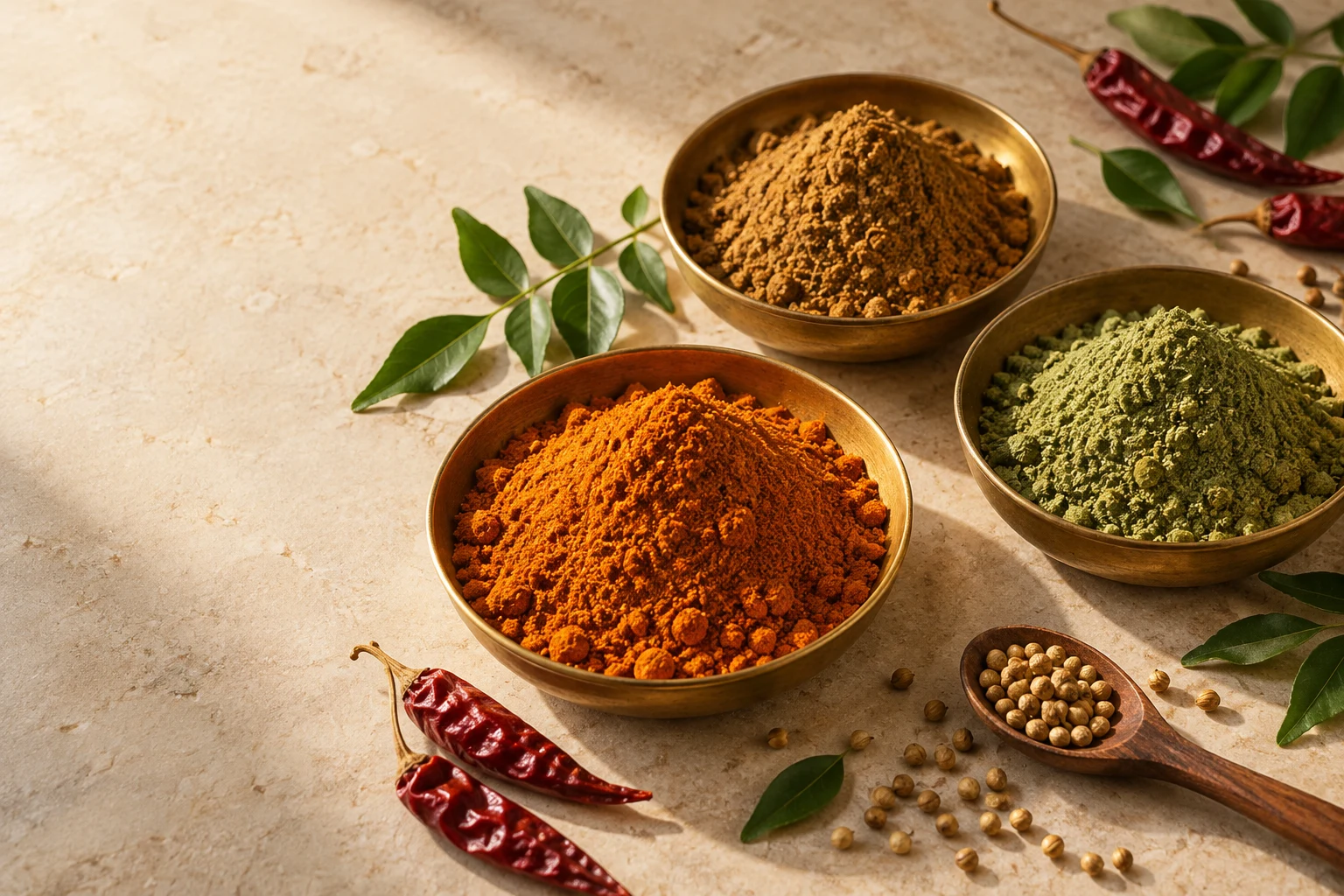 Brass bowls of orange, brown and green spice powders with curry leaves and whole spices
